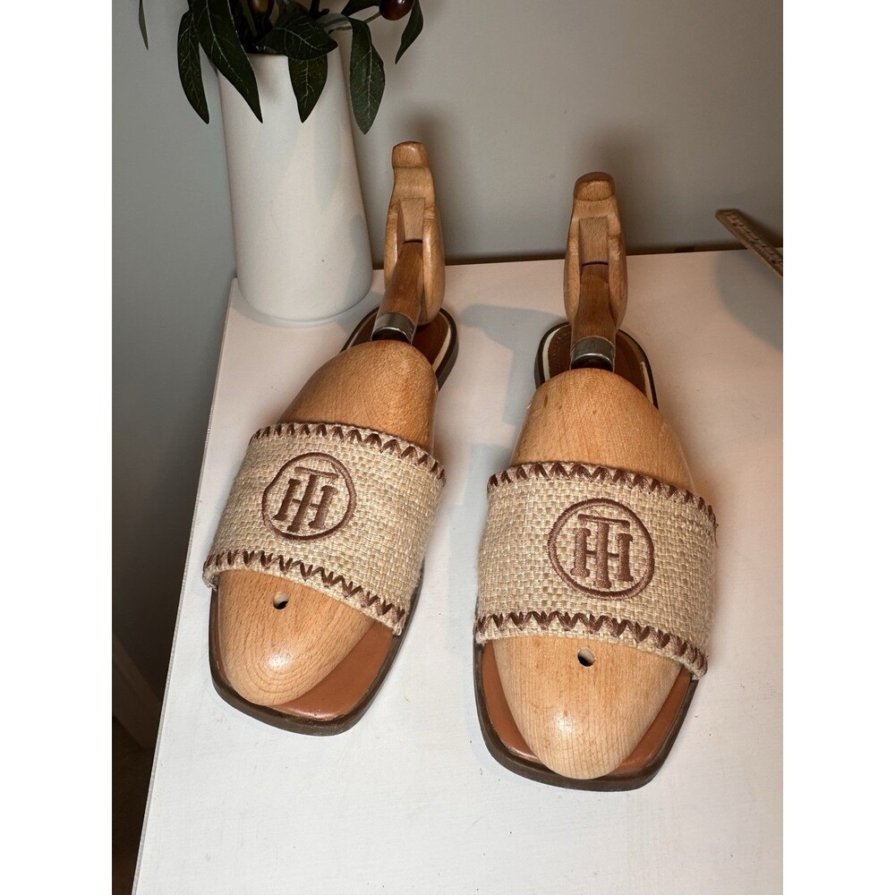 Tommy Hilfiger Natural Straw Woven TH Monogram Flat Slide Sandals Size 7.5